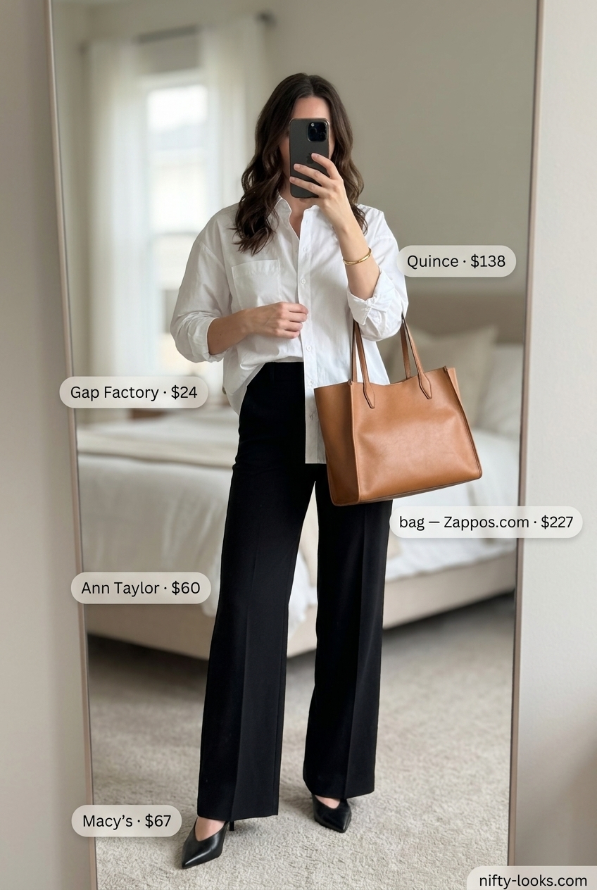 Sophisticated summer outfits with heeled sandals 2026: black mules, wide-leg pants, white shirt & tan tote.