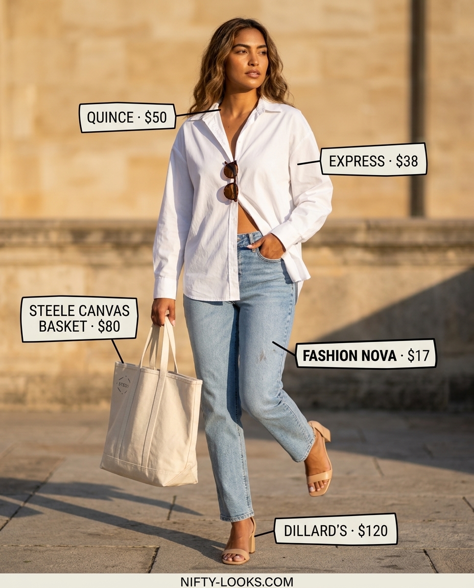 Casual weekend outfit with high-waisted jeans, white button-down shirt & tan block-heeled sandals 2026.
