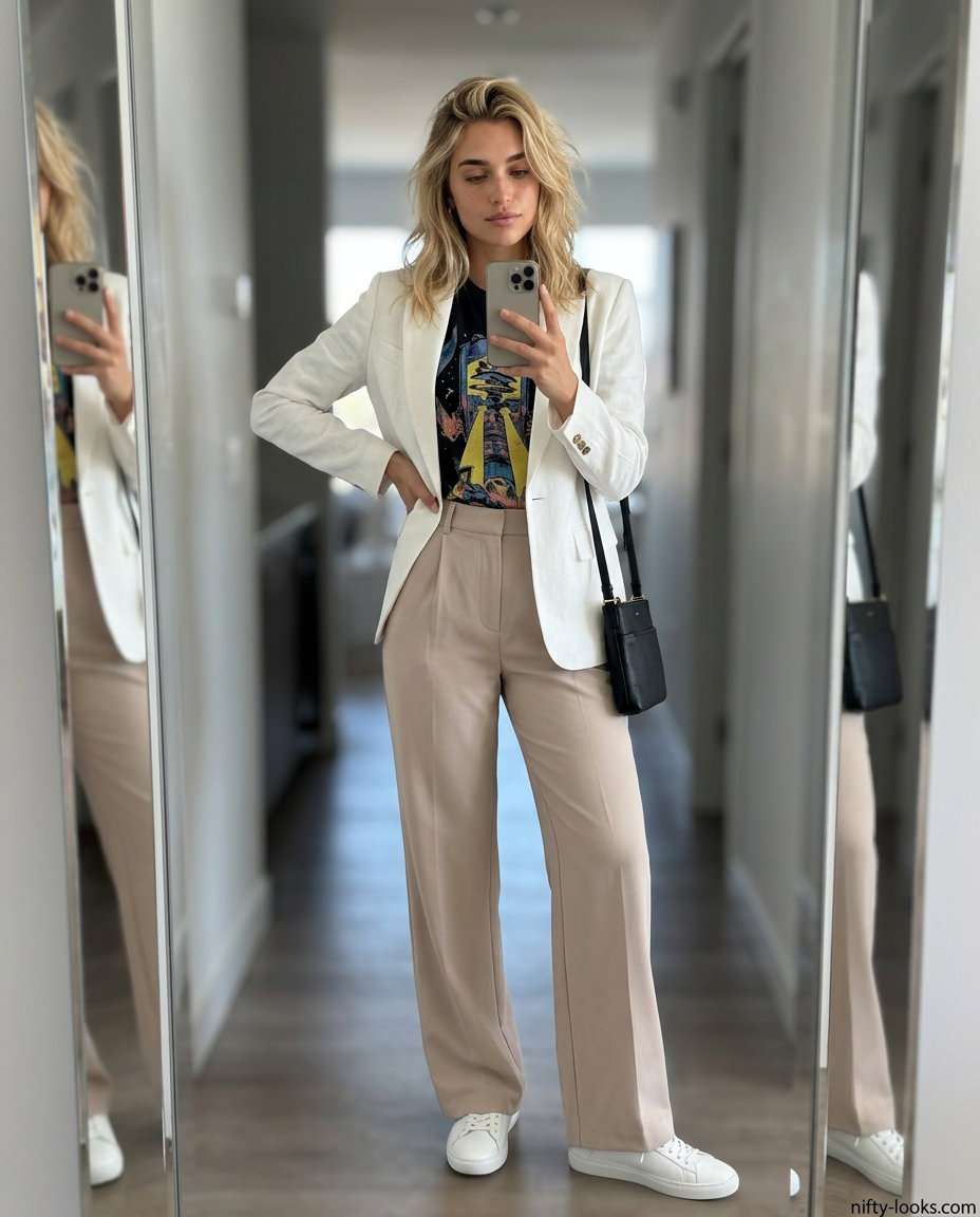Cool summer outfits with white sneakers for women 2026: Beige trousers, graphic tee, white sneakers, and linen blazer for city exploration.