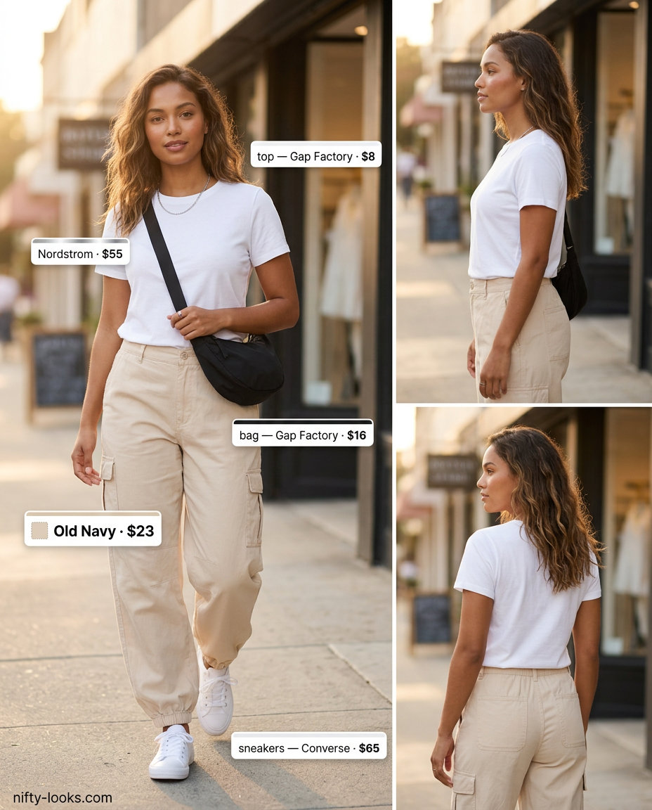 Trendy summer outfits with white sneakers for women 2026: Cargo pants, white sneakers, graphic tee, and black crossbody for casual outings.