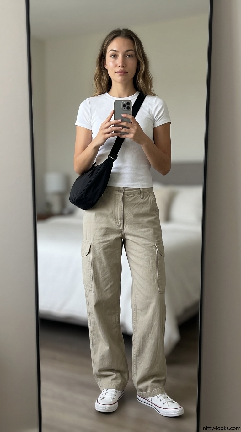 Casual cool khaki cargo pants outfit with white sneakers for summer 2026.