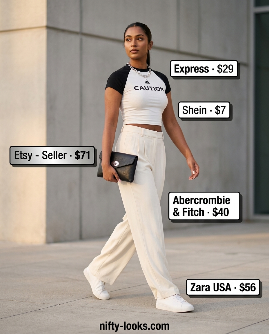 Urban explorer chic: cream wide-leg trousers, graphic tee, white sneakers 2026.