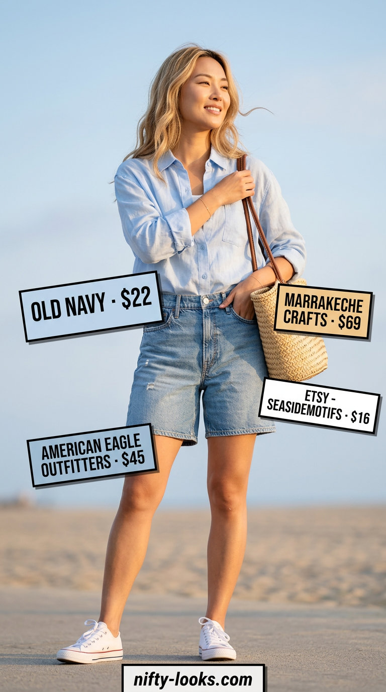 Coastal breeze outfit: light wash denim shorts, sky blue linen shirt, white sneakers 2026.
