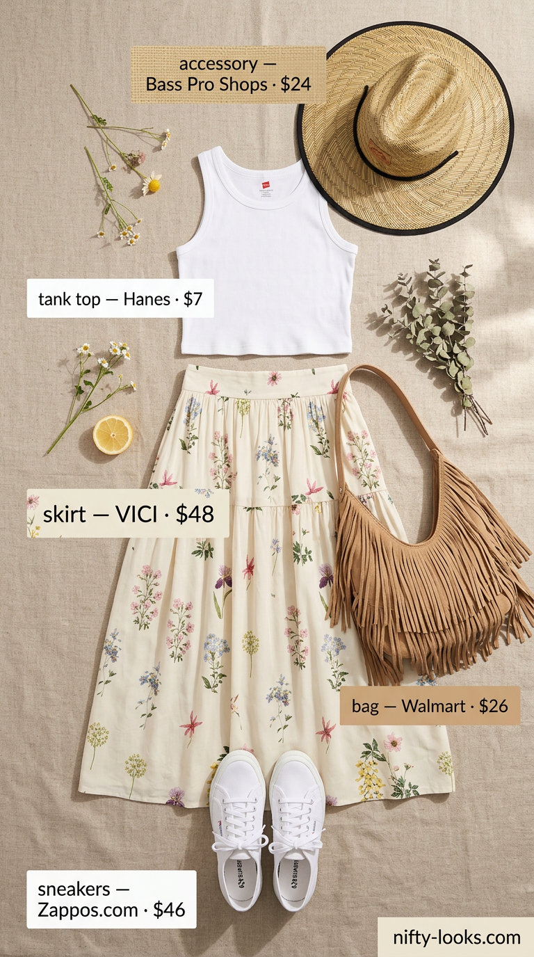 Boho summer outfits with white sneakers for women 2026: Floral maxi skirt, white sneakers, knit crop top, and straw hat for festivals.
