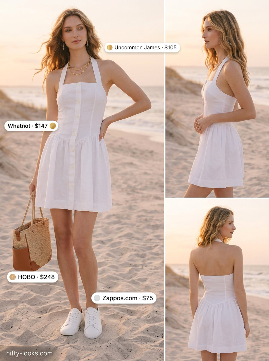 Modern summer outfits with white sneakers for women 2026: White halter dress, white sneakers, and gold necklace for a chic daytime event.
