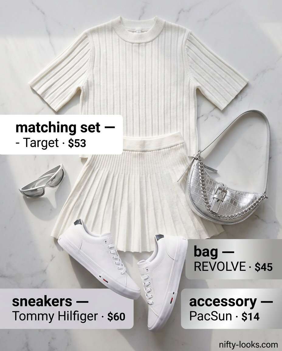 Sporty summer outfits with white sneakers for women 2026: Knit skirt set, white sneakers, and sunglasses for a chic casual look.