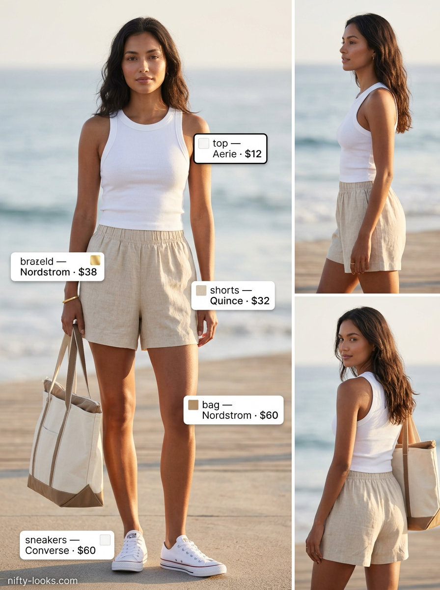 Relaxed summer outfits with white sneakers for women 2026: Linen shorts, ribbed tank, white sneakers, and canvas tote for casual days.