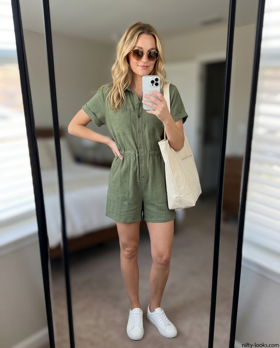 Vacation-ready olive green romper with white sneakers for summer 2026. Ideal for sightseeing.