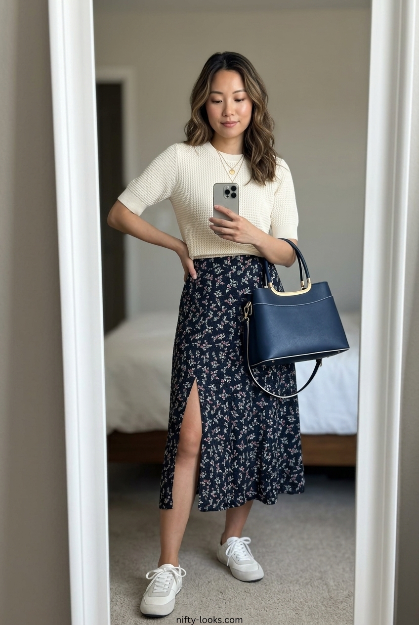 Chic navy and cream print skirt outfit with white sneakers for summer brunch 2026.