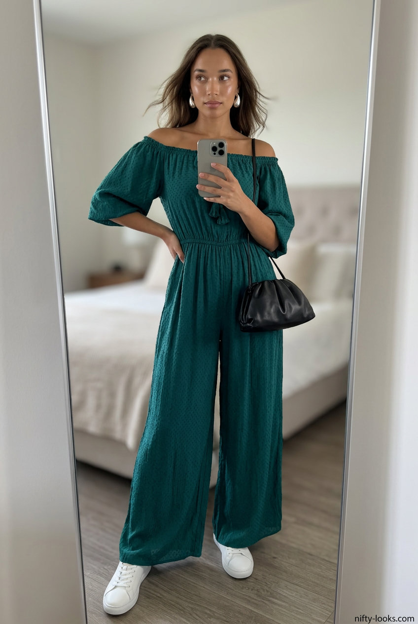 Elegant deep teal jumpsuit with white sneakers for summer evenings 2026. Perfect for dinner dates.