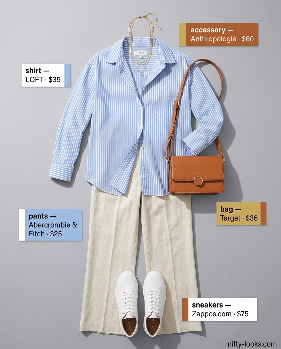 Chic summer outfits with white sneakers for women 2026: Beige wide-leg pants, white sneakers, and blue stripe shirt for city exploration.
