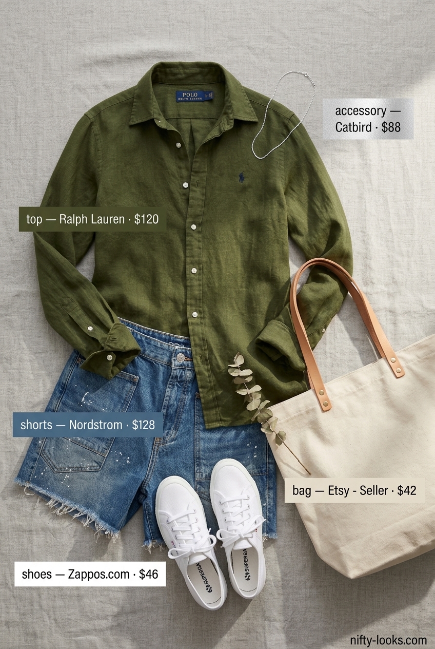 Summer outfits for women with Hourglass Shape 2026: Olive oversized shirt, denim shorts, white sneakers, canvas tote.