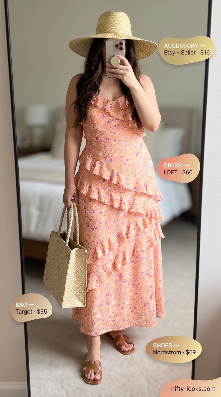 Summer outfits for women with Hourglass Shape 2026: Coral floral maxi dress, straw hat, straw tote, tan sandals.