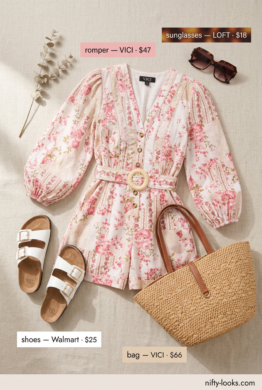 Summer outfits for women with Hourglass Shape 2026: Pink floral romper, white sandals, straw tote, oversized sunglasses.