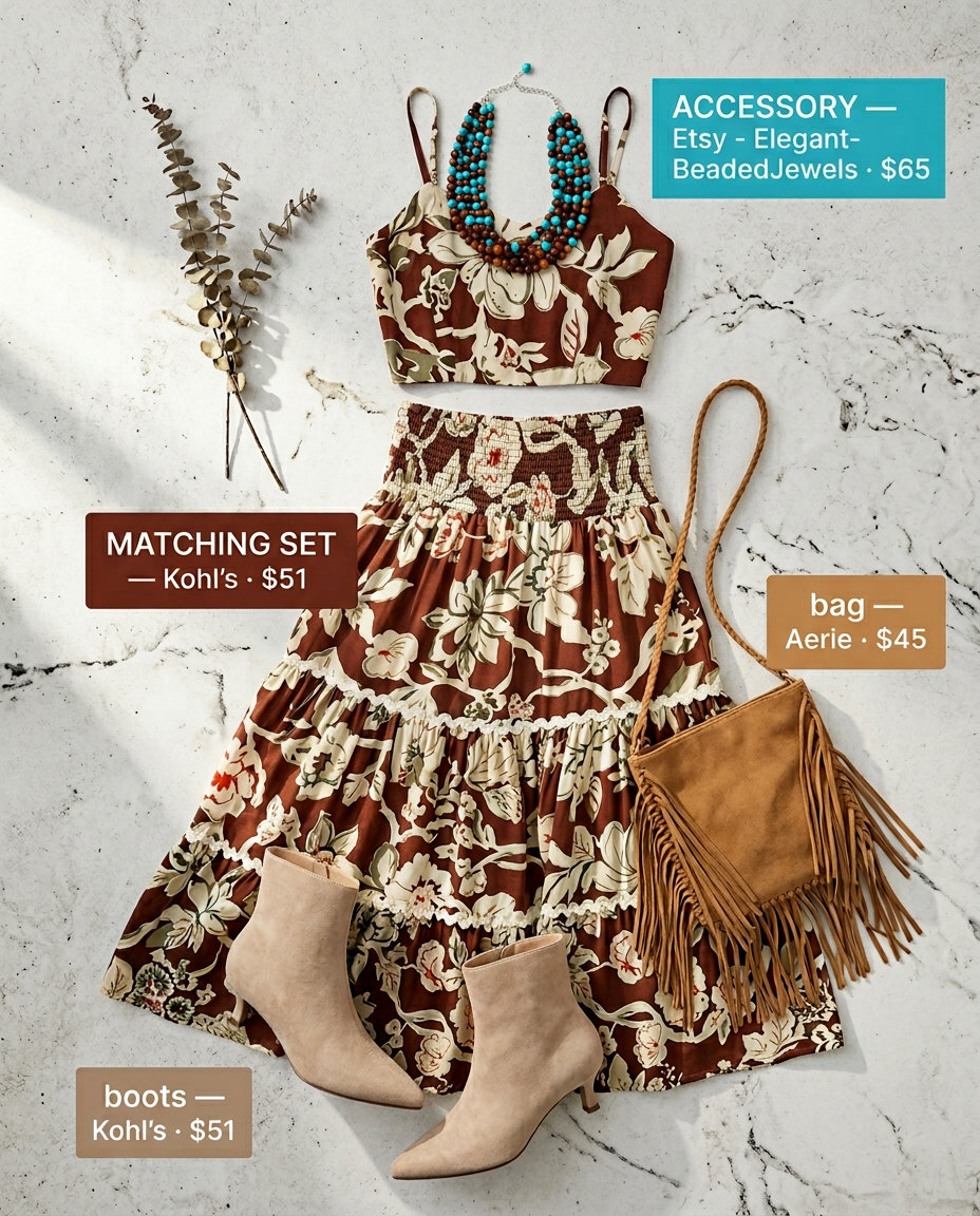 Summer outfits for women with Hourglass Shape 2026: Floral skirt set, tan suede fringe bag, tan ankle boots, layered necklaces.