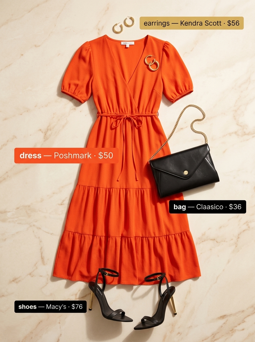 Summer outfits for women with Hourglass Shape 2026: Mango orange wrap dress, black heels, gold hoops, black clutch.