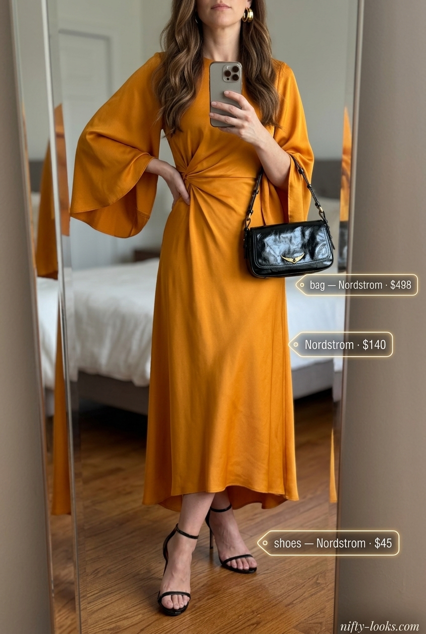 Summer outfits for women with Hourglass Shape 2026: Mango orange wrap dress, black heels, gold hoops, black clutch.