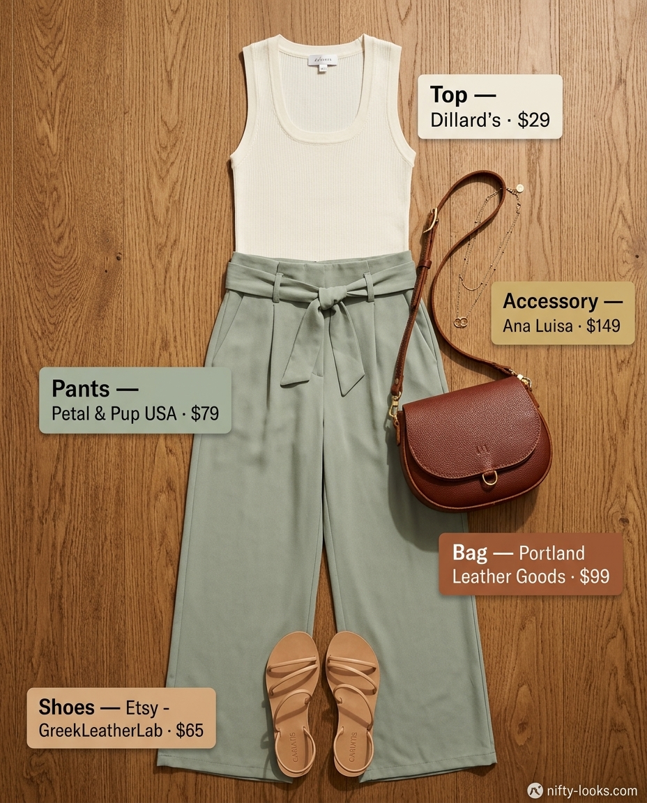 Summer outfits for women with Hourglass Shape 2026: Sage green linen pants, cream tank, tan sandals, gold necklace.