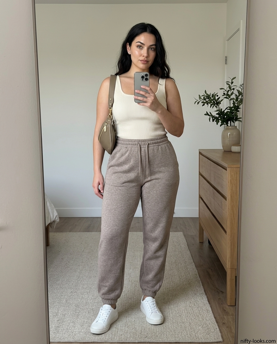 Elevated athleisure joggers for summer outfits for women with hourglass shape 2026. Taupe joggers with cream tank and belt bag.