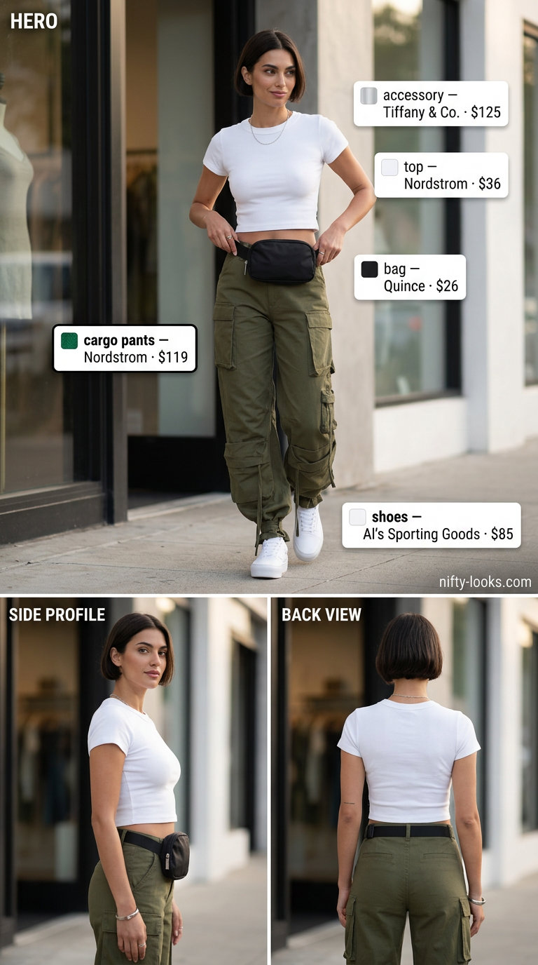 Cool cargo comfort outfit for summer outfits for women with hourglass shape 2026. Olive cargo pants and white crop top.