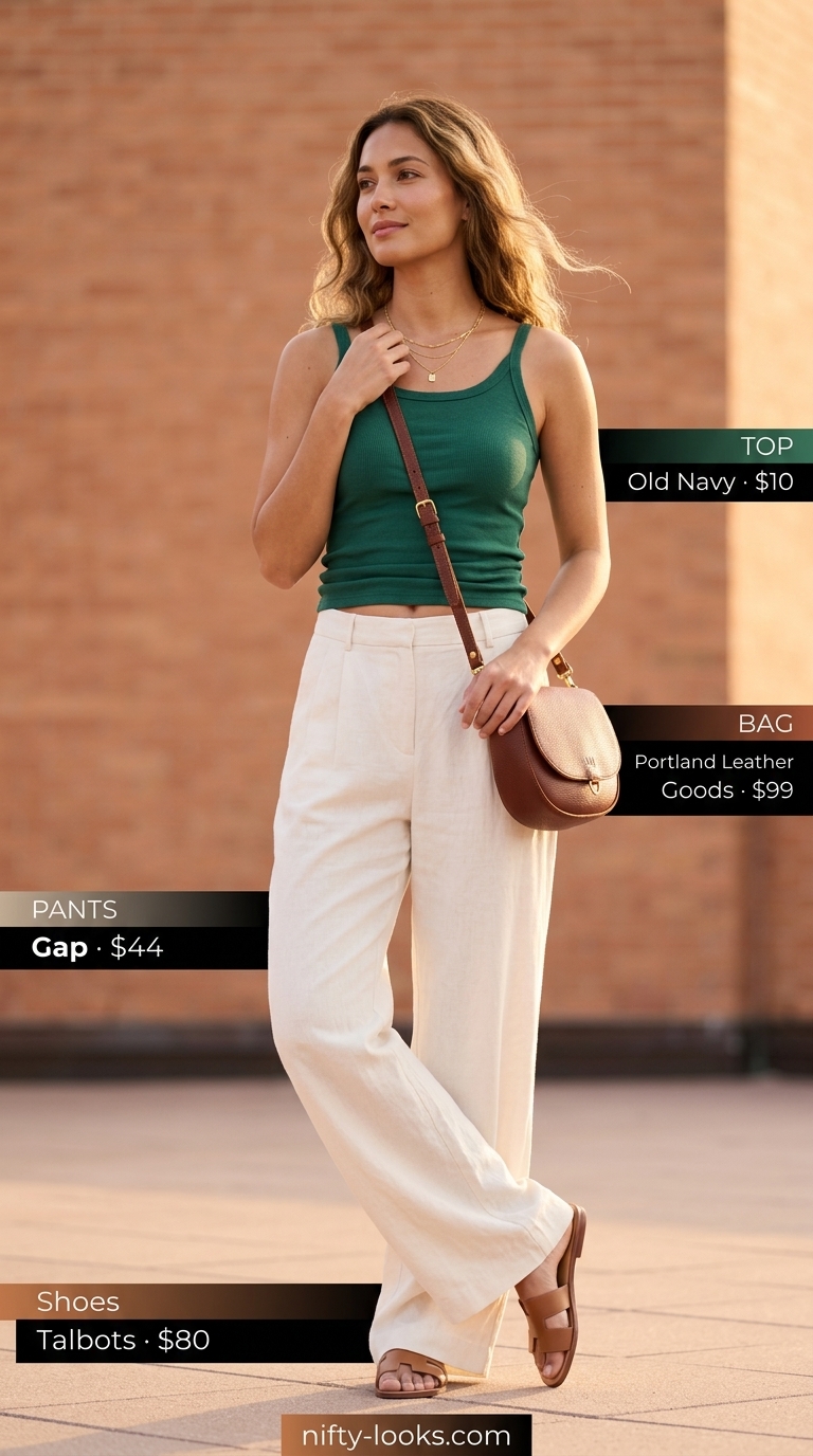 Ivory linen wide-leg pants outfit for hourglass shape women, perfect for seaside brunch 2026.