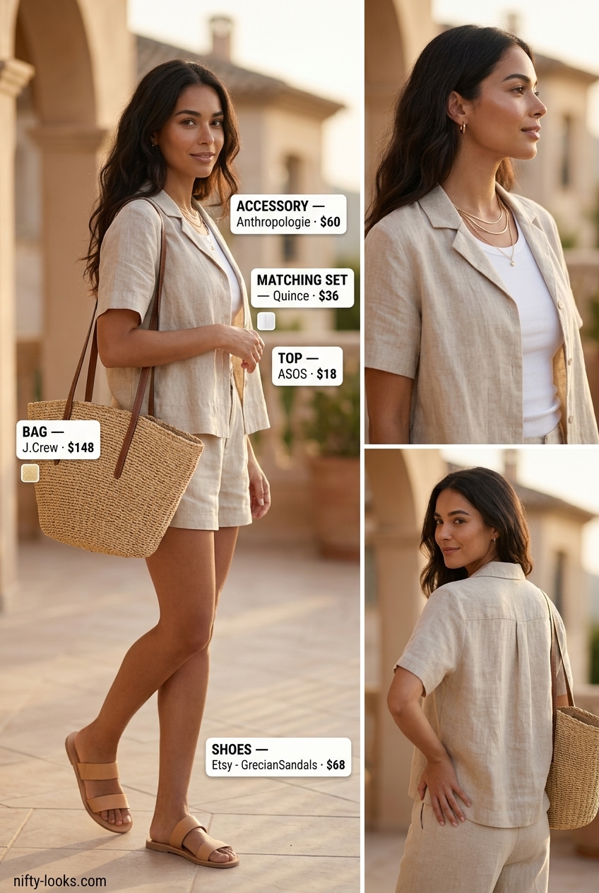 Chic linen co-ord for summer outfits for women with hourglass shape 2026. Beige and white set with gold jewelry.