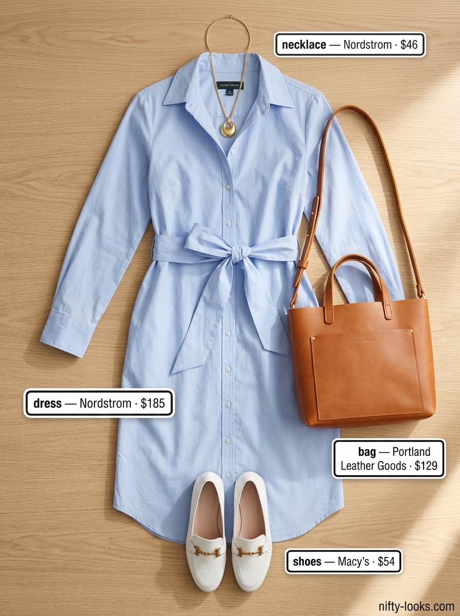 Sunny day dress for summer outfits for women with hourglass shape 2026. Light blue midi shirt dress with tan crossbody bag.