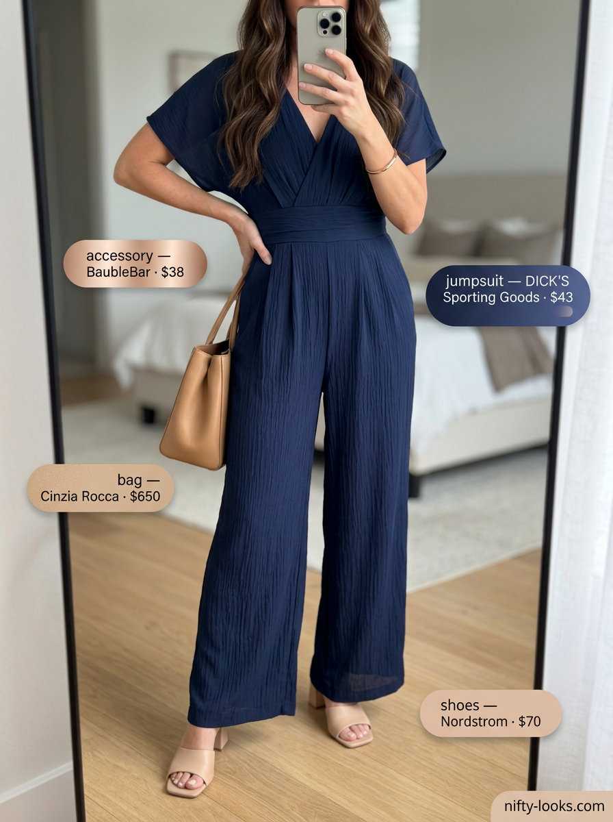 Effortless summer jumpsuit for summer outfits for women with hourglass shape 2026. Navy wide-leg jumpsuit with tan sandals.