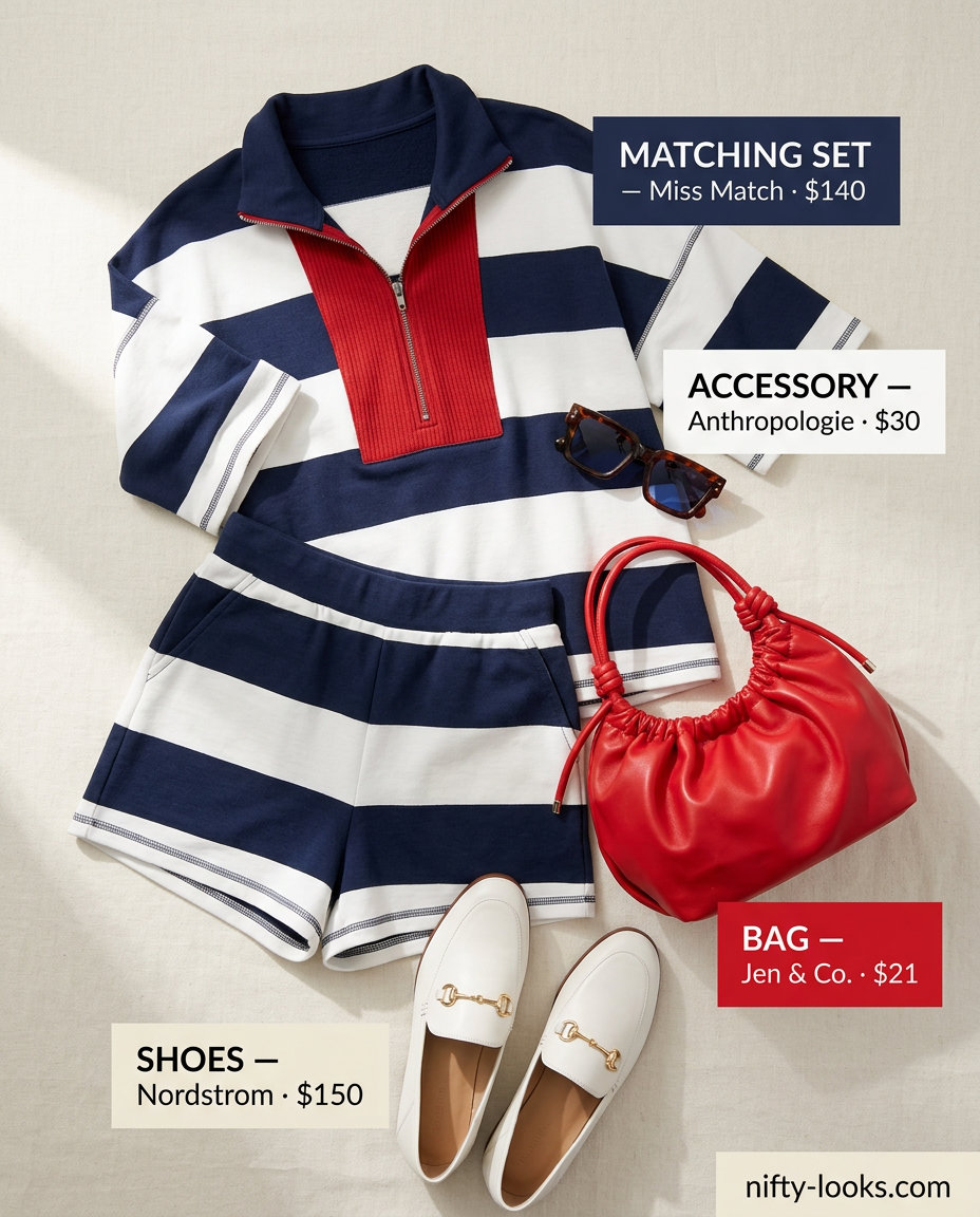 Navy and white stripe co-ord set for hourglass shape women, perfect for brunch or vacation outfits 2026.