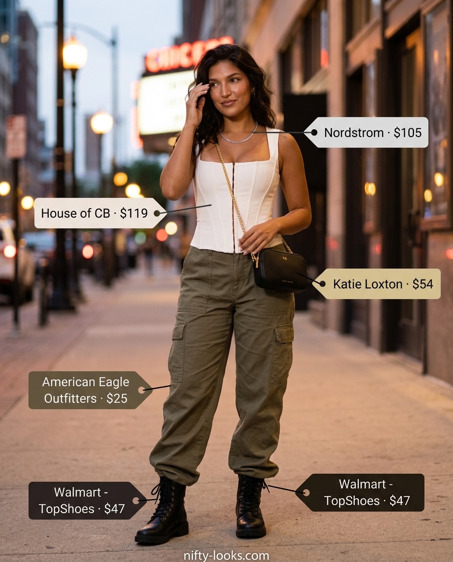 Olive green cargo pants and corset top for hourglass shape women, perfect for edgy day out 2026.