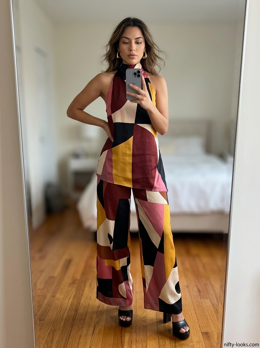 Bold print two-piece set for summer outfits for women with hourglass shape 2026. Halter top and wide-leg pants.