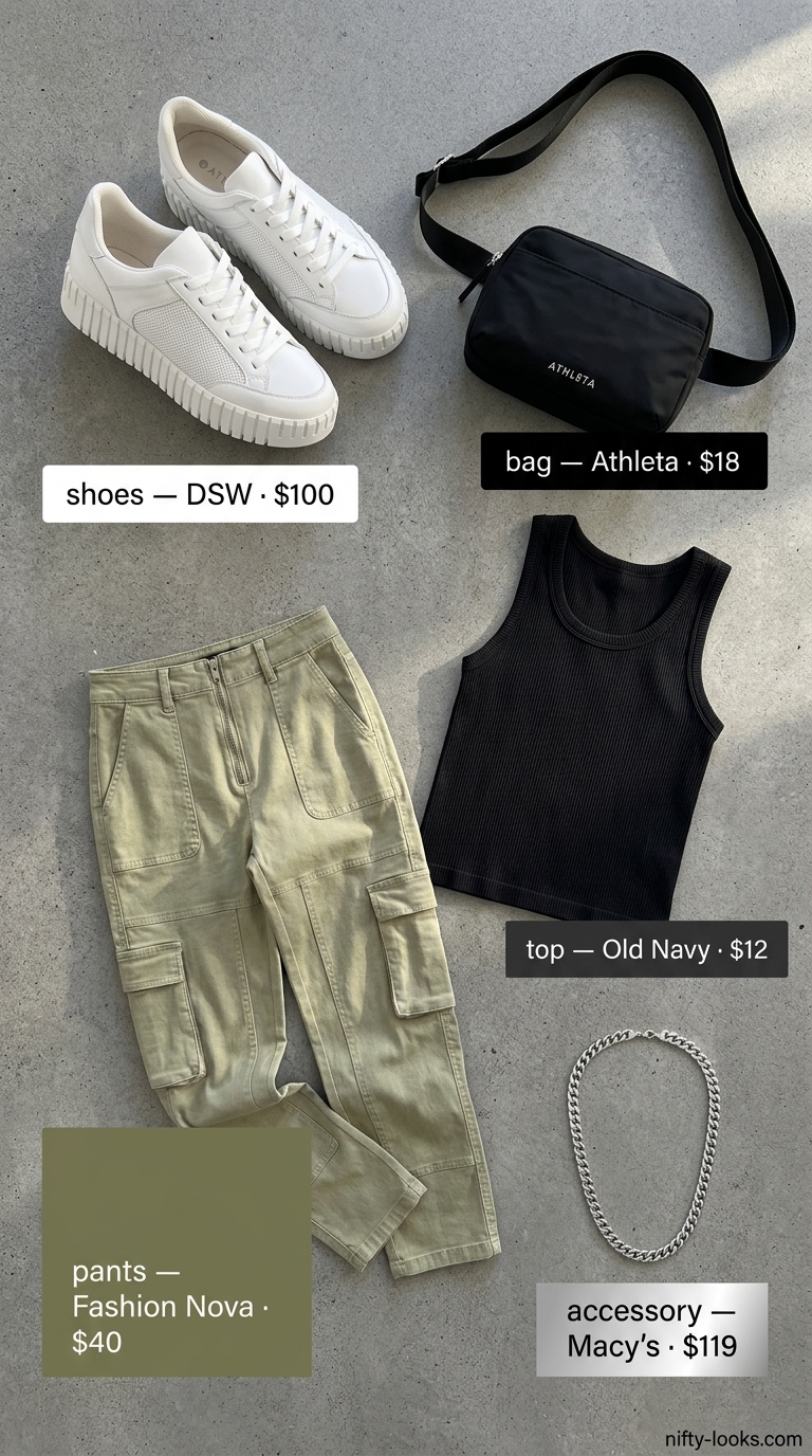 Urban explorer outfit for summer outfits for women with hourglass shape 2026. Khaki cargo pants, black tank, and belt bag.