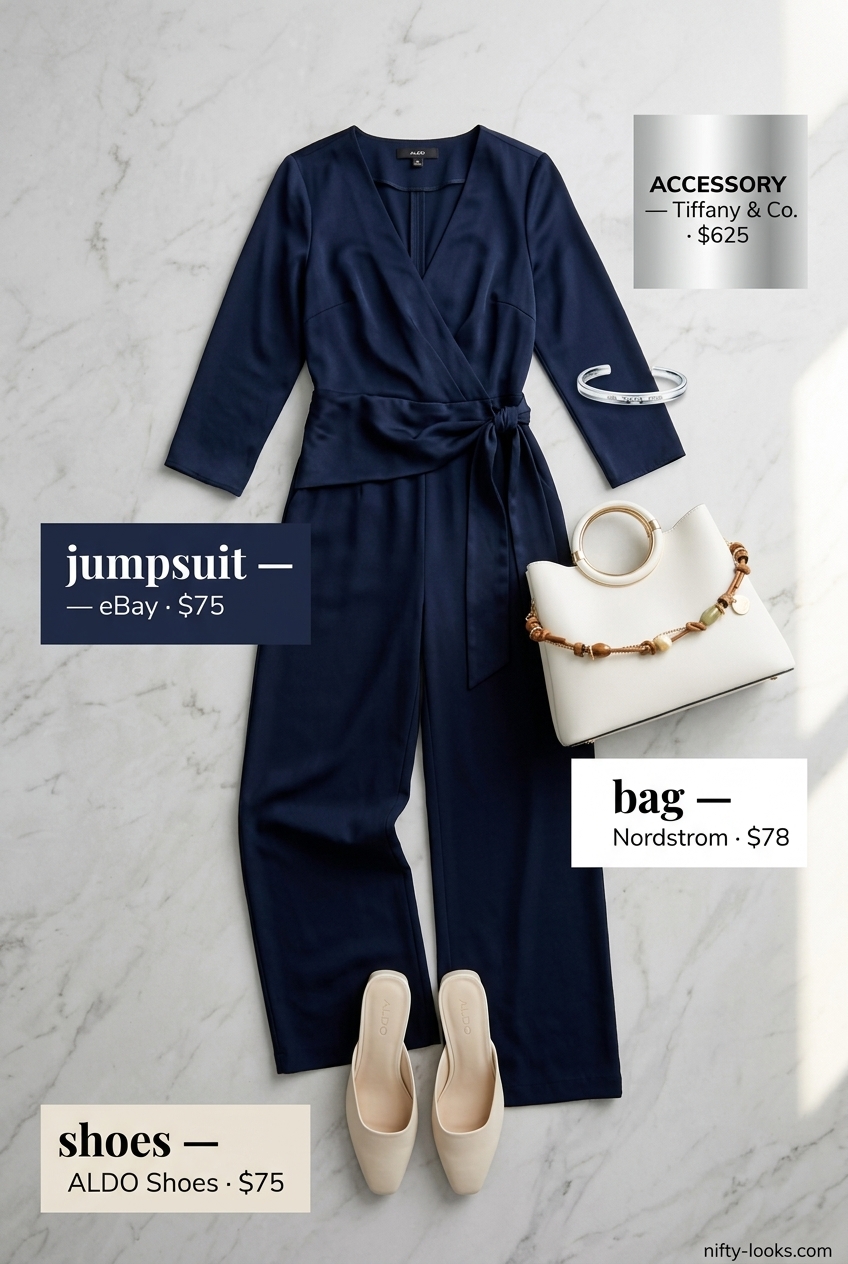 Effortless wide-leg jumpsuit for summer outfits for women with hourglass shape 2026. Navy jumpsuit with white mules.