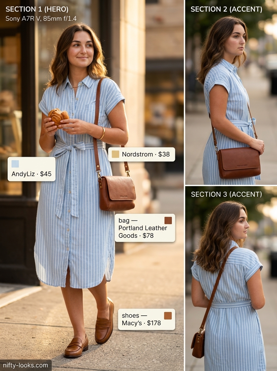 Summer outfits for women with Hourglass Shape 2026: Blue stripe shirtdress, brown loafers, tan crossbody bag, gold bangle.