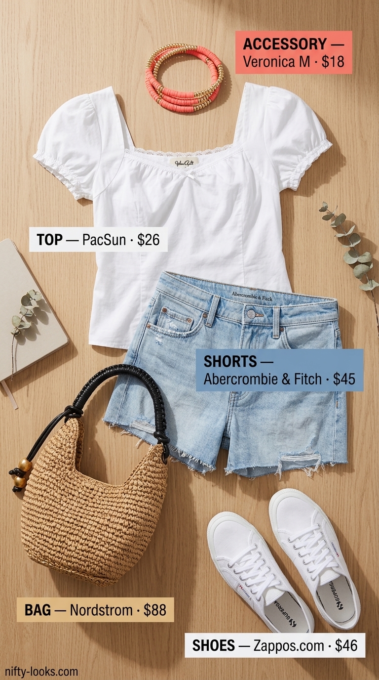 Summer outfits for women with Hourglass Shape 2026: Tailored denim shorts, white puff-sleeve top, white sneakers, straw bag.