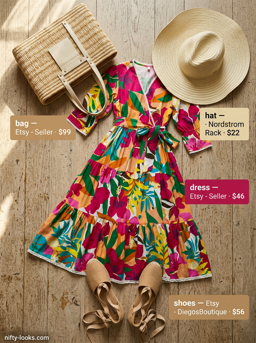 Summer Paris Outfits for Women 2026: Multicolor floral midi wrap dress, straw tote, and espadrilles for an artful look.