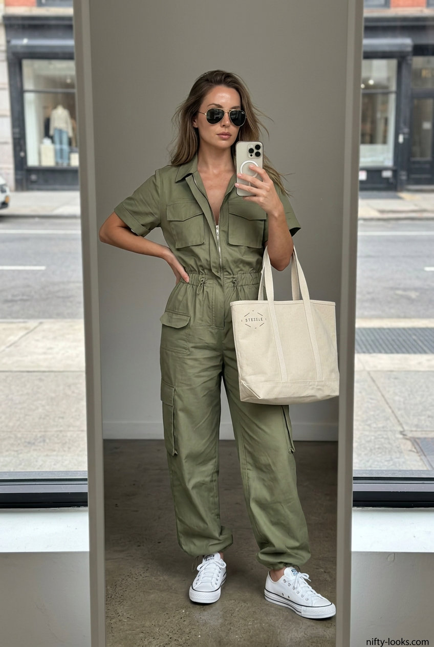 Summer Paris Outfits for Women 2026: Olive green utility jumpsuit, white sneakers, and aviator sunglasses for a trendy look.