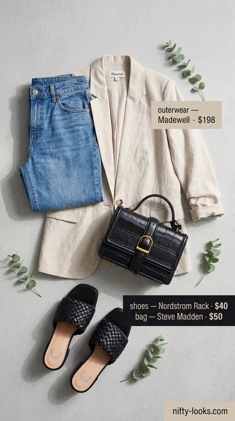 Summer Paris Outfits for Women 2026: Black corset top, beige blazer, denim shorts, and mules for a chic cafe look.