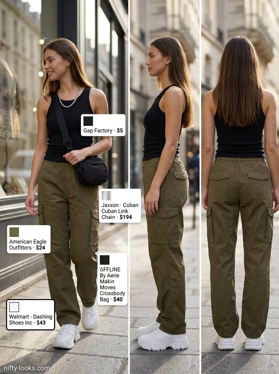 Chunky sneakers with black tank and khaki cargo pants for Summer Paris Outfits for Women 2026. Edgy street style.