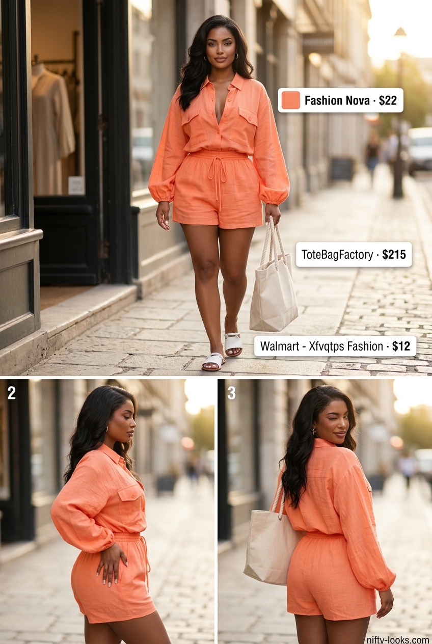 Coral linen romper with white slides and straw hat for Summer Paris Outfits for Women 2026. Beach day style.