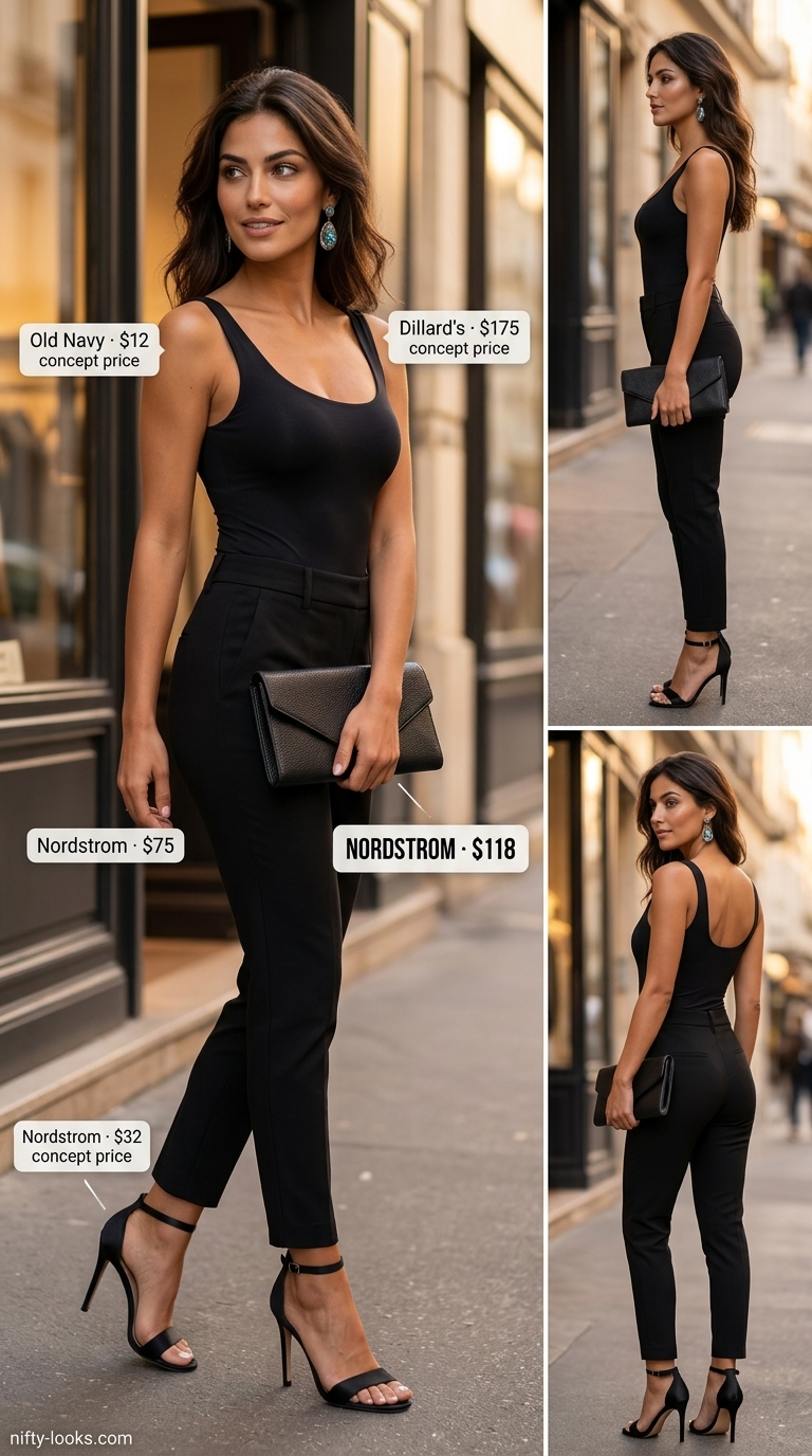 Cream wide-leg trousers with black bodysuit and heels for Summer Paris Outfits for Women 2026. Sophisticated dinner style.