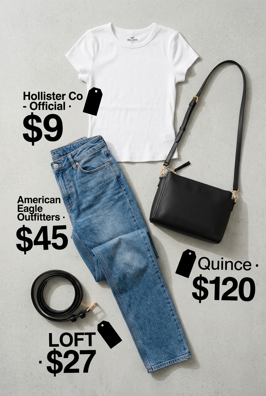 Medium wash straight leg jeans, fitted white tee, black belt, and white sneakers for Summer Paris Outfits for Women 2026.
