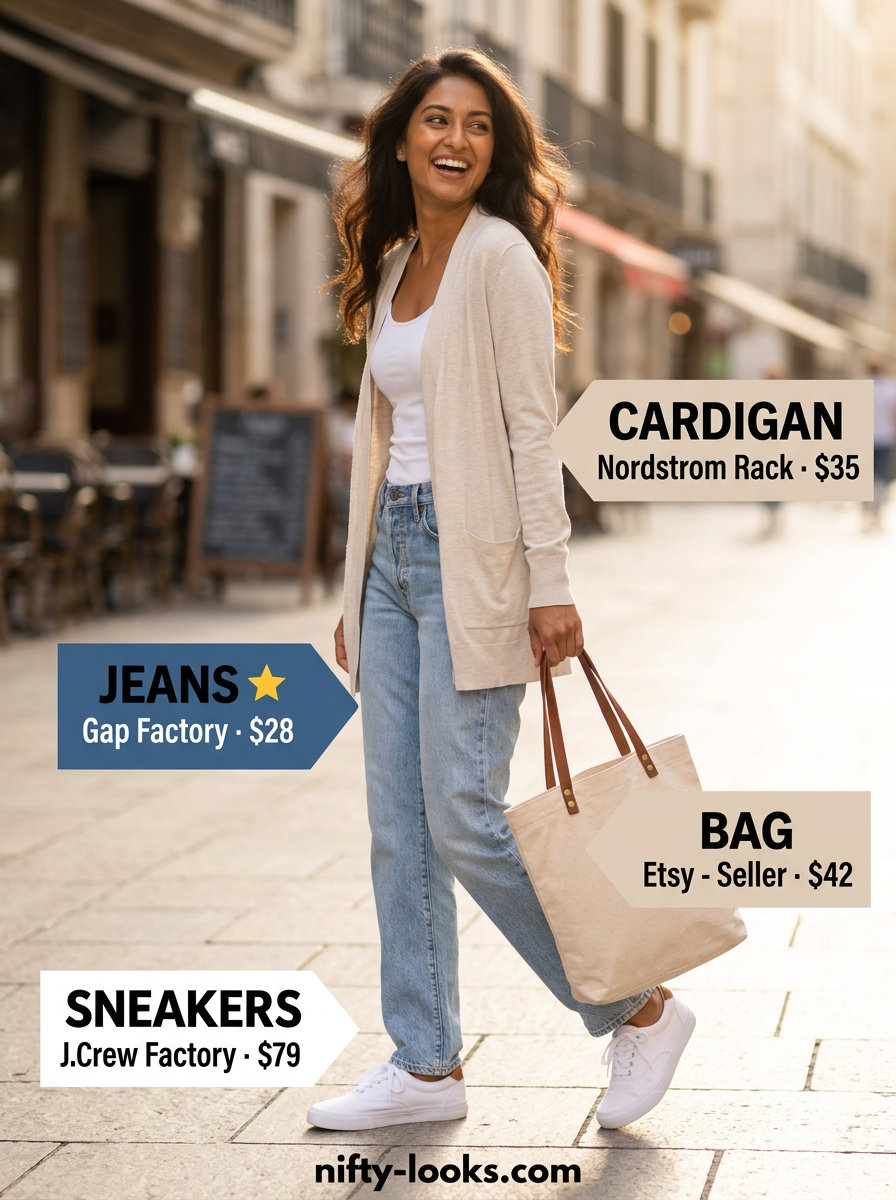 Light wash relaxed jeans, white tank, beige cardigan, and white sneakers for Summer Paris Outfits for Women 2026.
