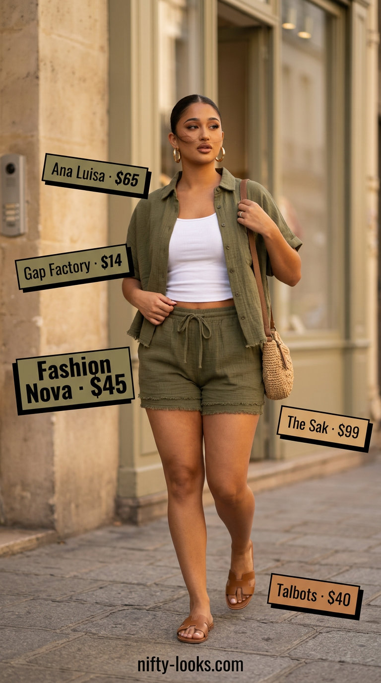 Summer Paris Outfits for Women 2026: Olive green linen shorts set, white tank, and leather slides for a chic look.