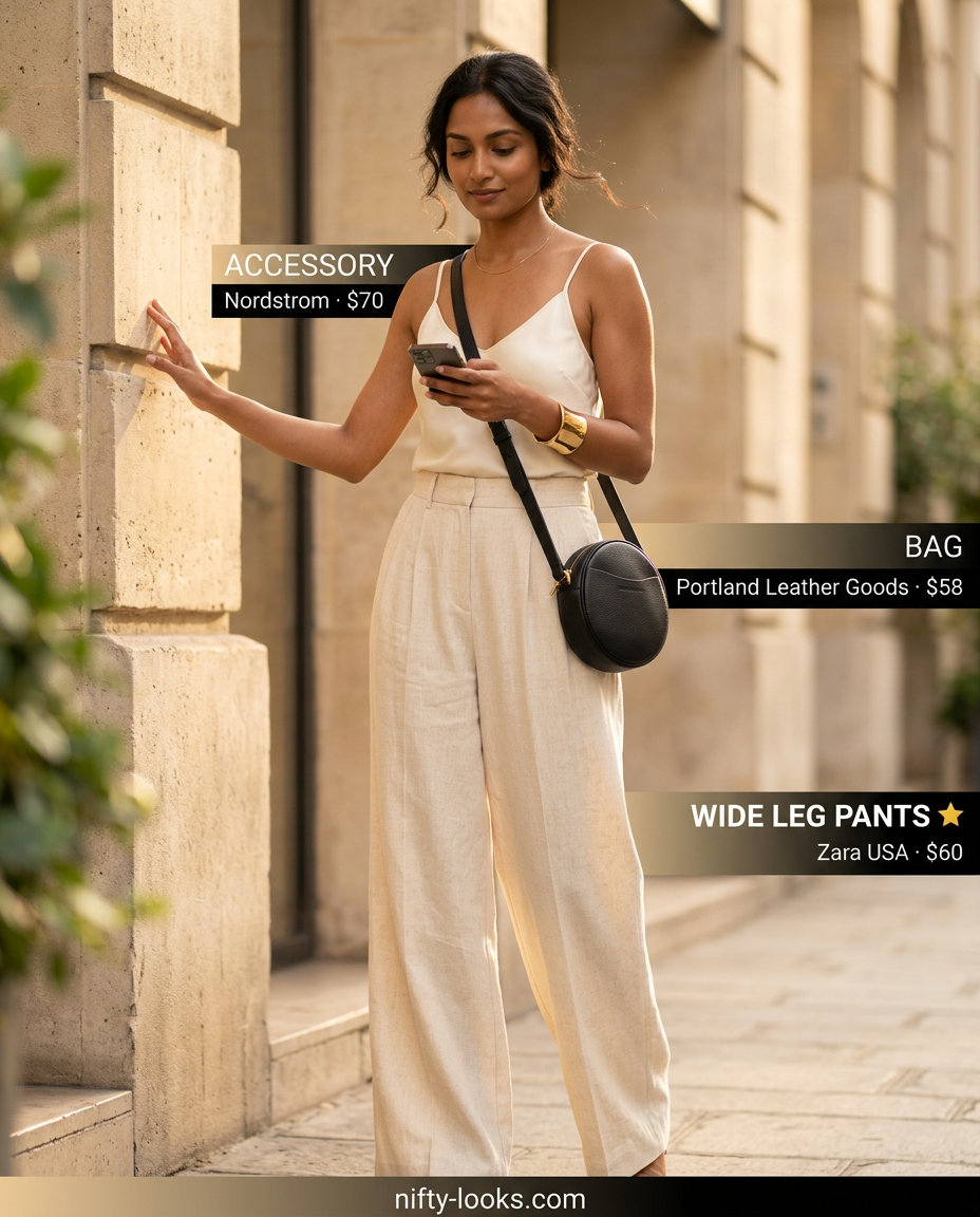 Summer Paris Outfits for Women 2026: Cream wide-leg linen pants, black crop top, and minimalist sandals for modern style.