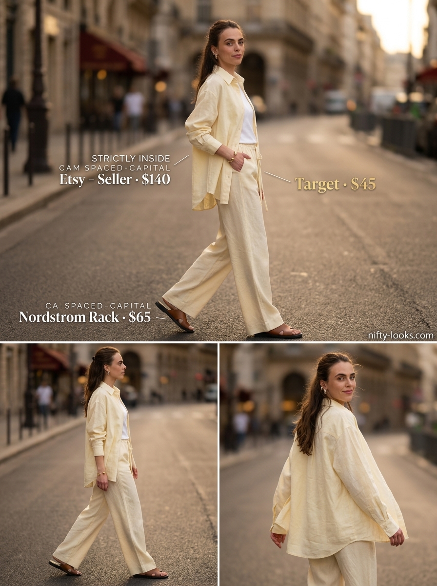 Cream linen set with tan slides and raffia bag for Summer Paris Outfits for Women 2026. Relaxed chic outfit.