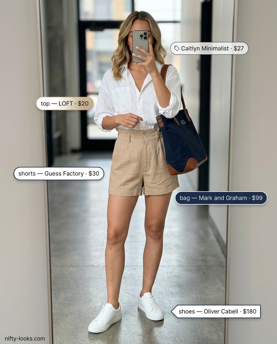 White oversized shirt, beige linen shorts, and navy tote for Summer Paris Outfits for Women 2026 market shopping.