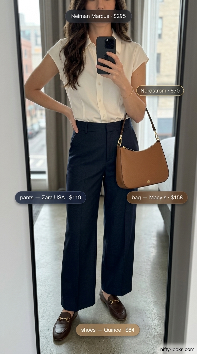 Navy wide-leg trousers, white silk blouse, and loafers for Summer Paris Outfits for Women 2026. Parisian cafe style.