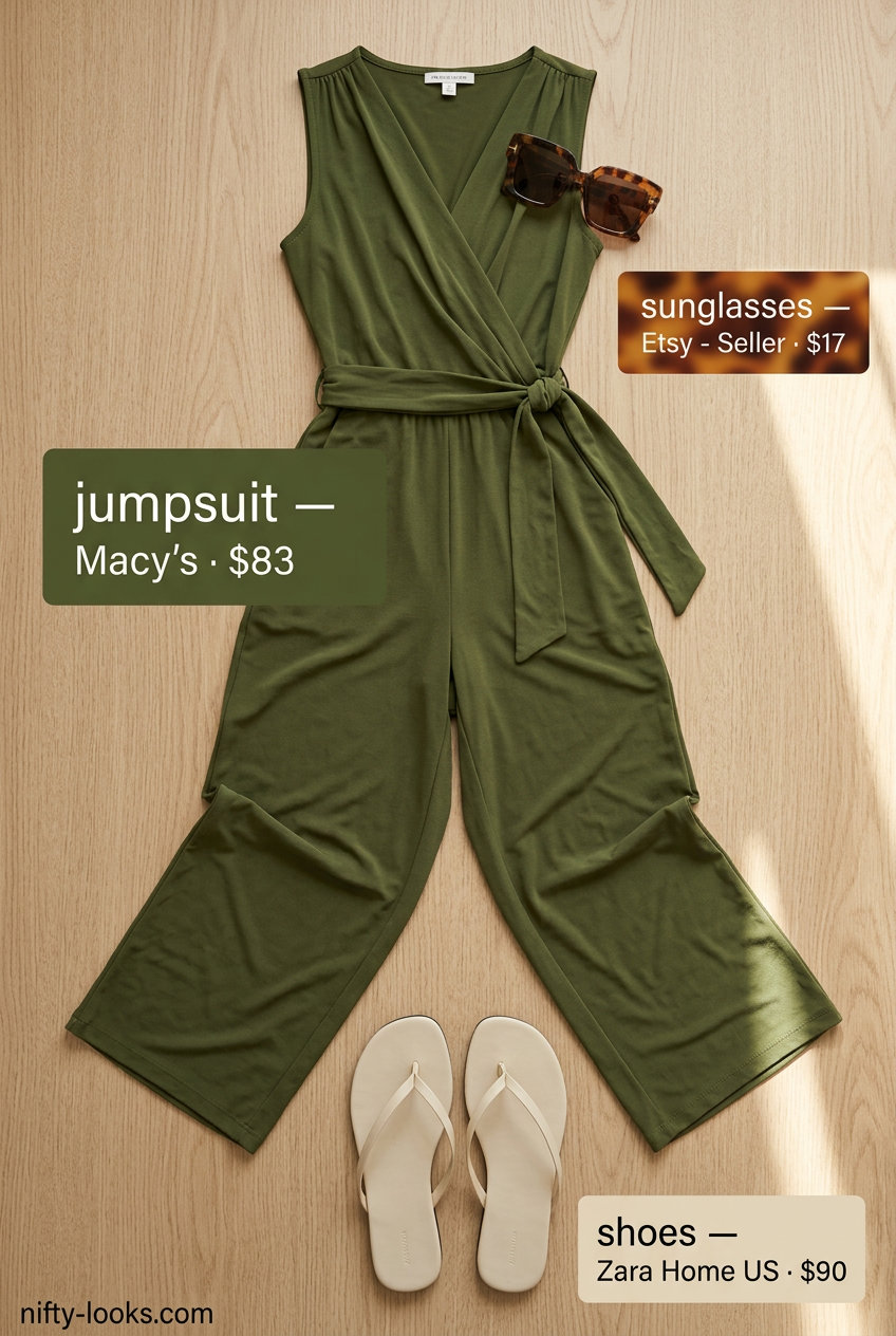 Olive green wide-leg jumpsuit with flat sandals for Summer Paris Outfits for Women 2026. Effortless travel style.