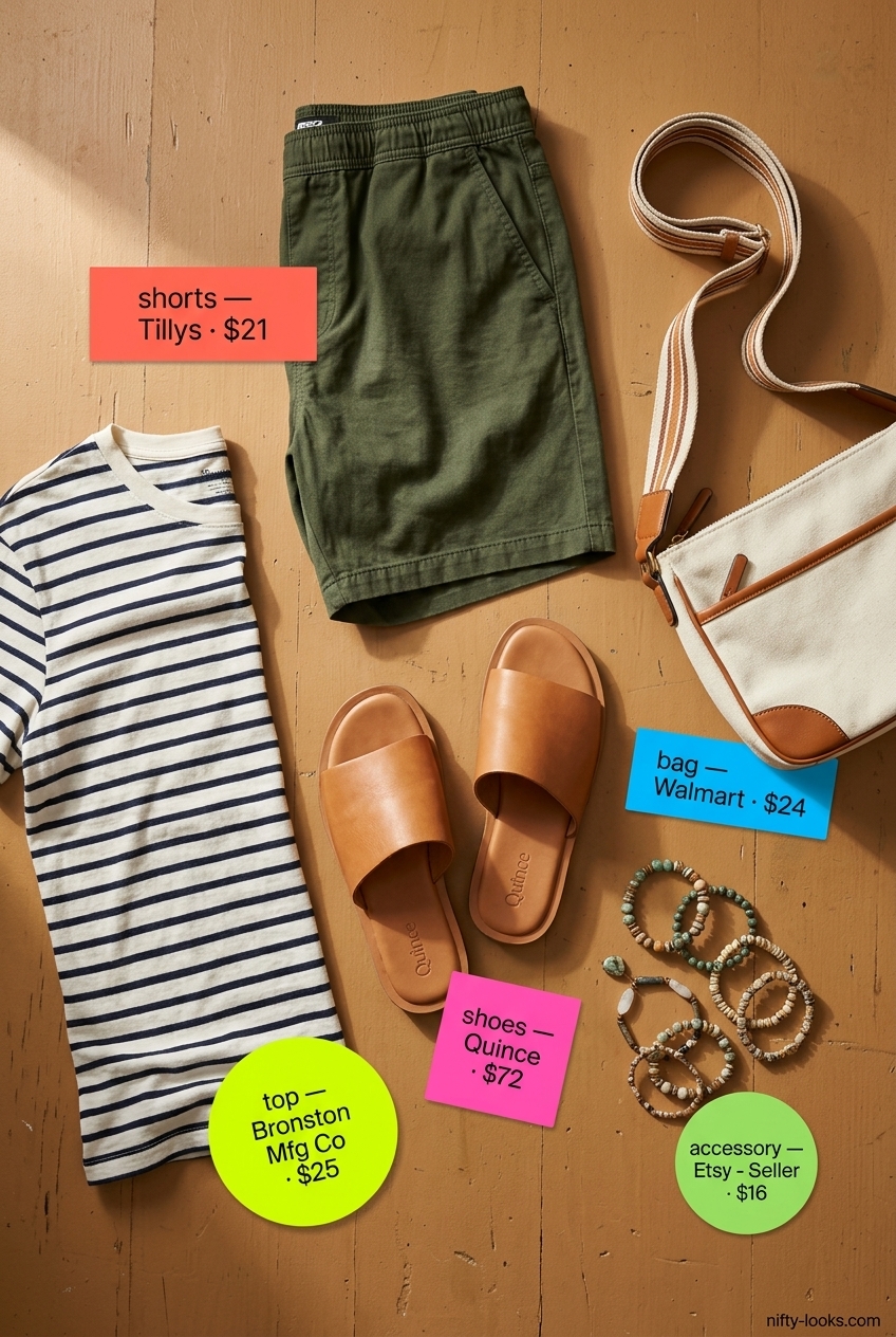 Olive green shorts, striped t-shirt, and slide sandals for Summer Paris Outfits for Women 2026.